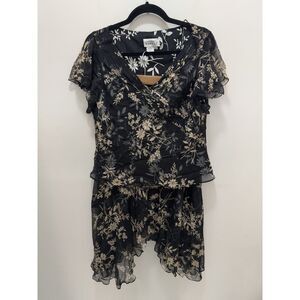 Adrianna Papell Vintage Two Piece‎ Skirt Set Dress Size 14 Black Floral